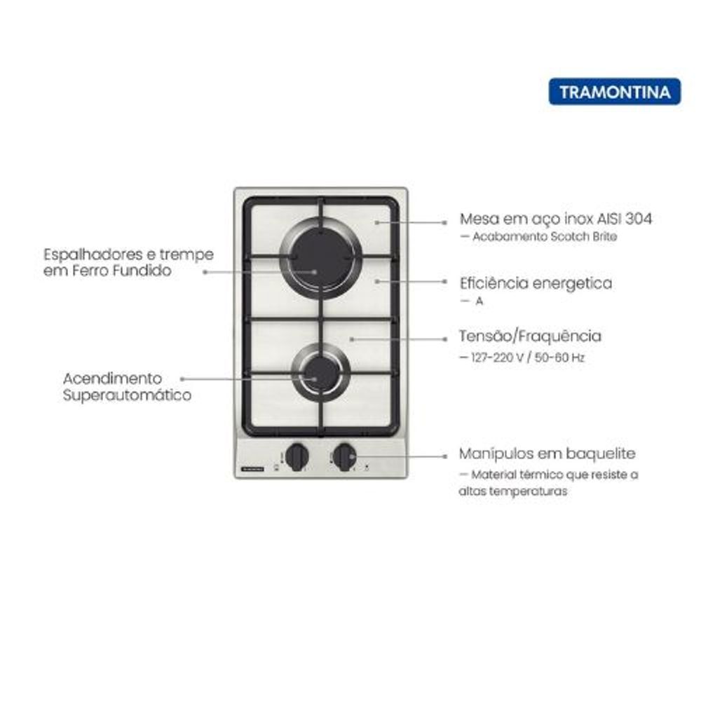 Cooktop Tramontina à Gás 30Cm 2 Bocas Dominó Inox Bivolt 94700/401